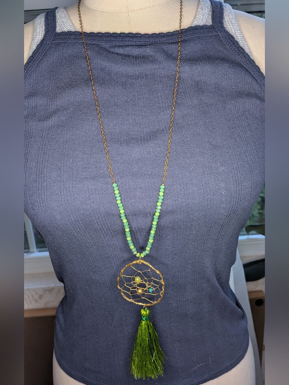 Boho Green Dreamcatcher Pendant Long Necklace Faceted Beads Tassel No Clasp